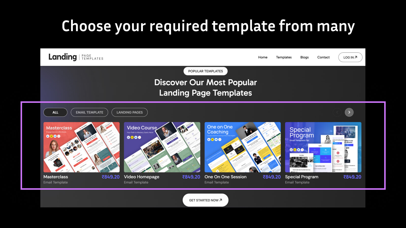 Preview of landing page templates for customization