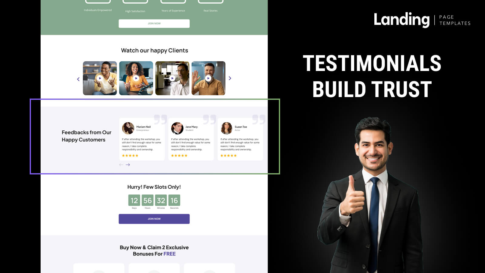 Testimonials displayed on a lead generating website for building trust.